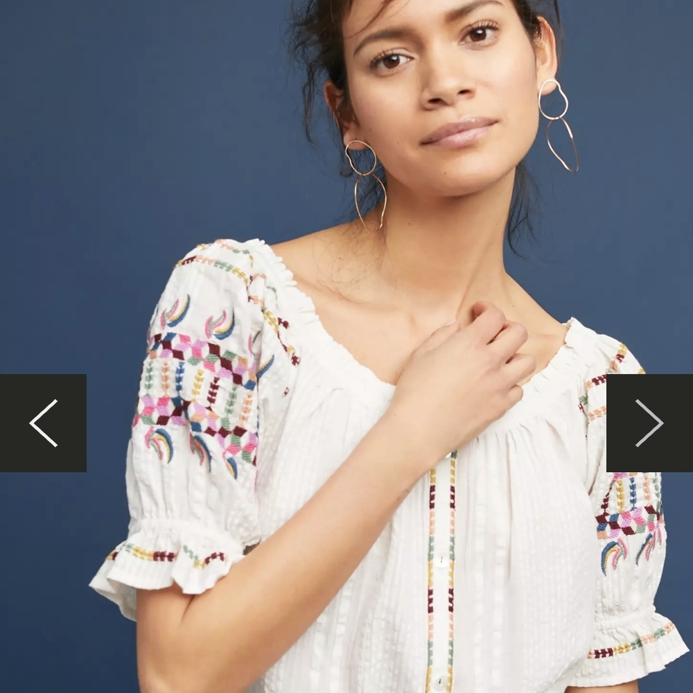 Anthropologie White Blouse with Multicolor Embroidery